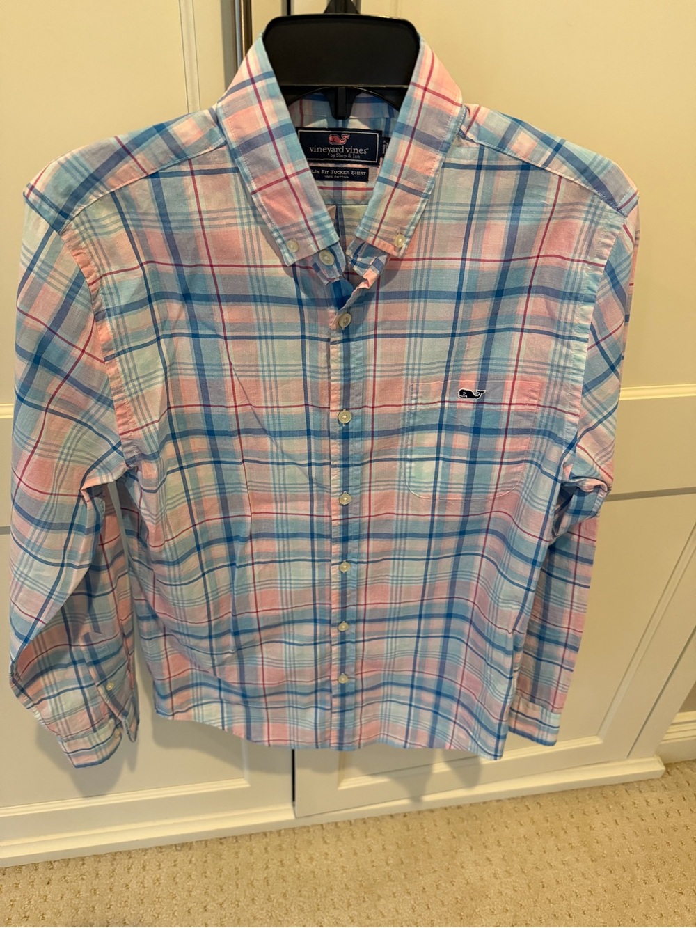 Vineyard Vines Men’s Pink & Blue Plaid Button-Down Shirt. Slim fit Tucker.Size S